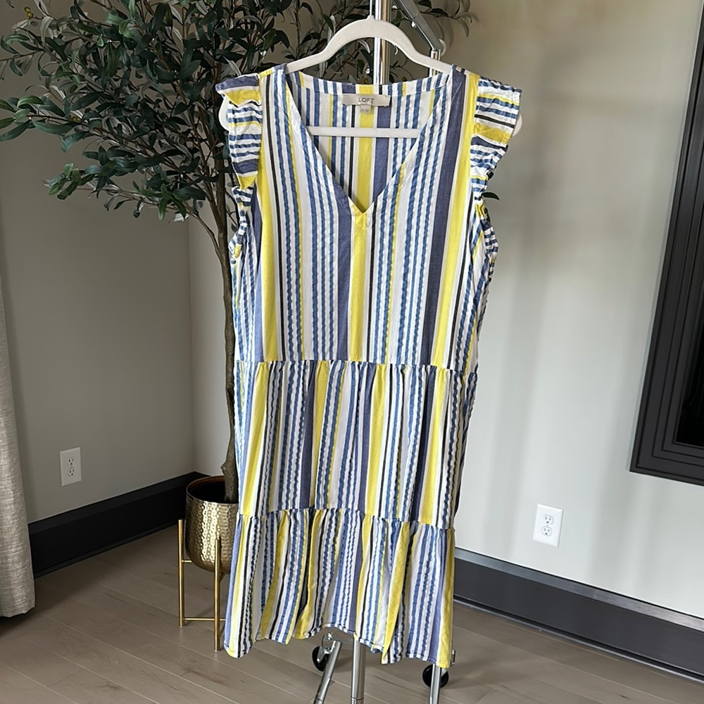 LOFT Yellow and Blue Ruffled Tie Front Sundress